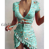 Girlfairy Floral Print Fashion Tie Up Wrap Mini Dress 2023 Summer Holiday Ruffles Sundress Ruched