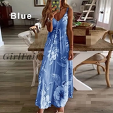 Girlfairy Floral Printed Women Boho Dress Summer Sexy Sleeveless Spaghetti Strap Slim Long Elegant V