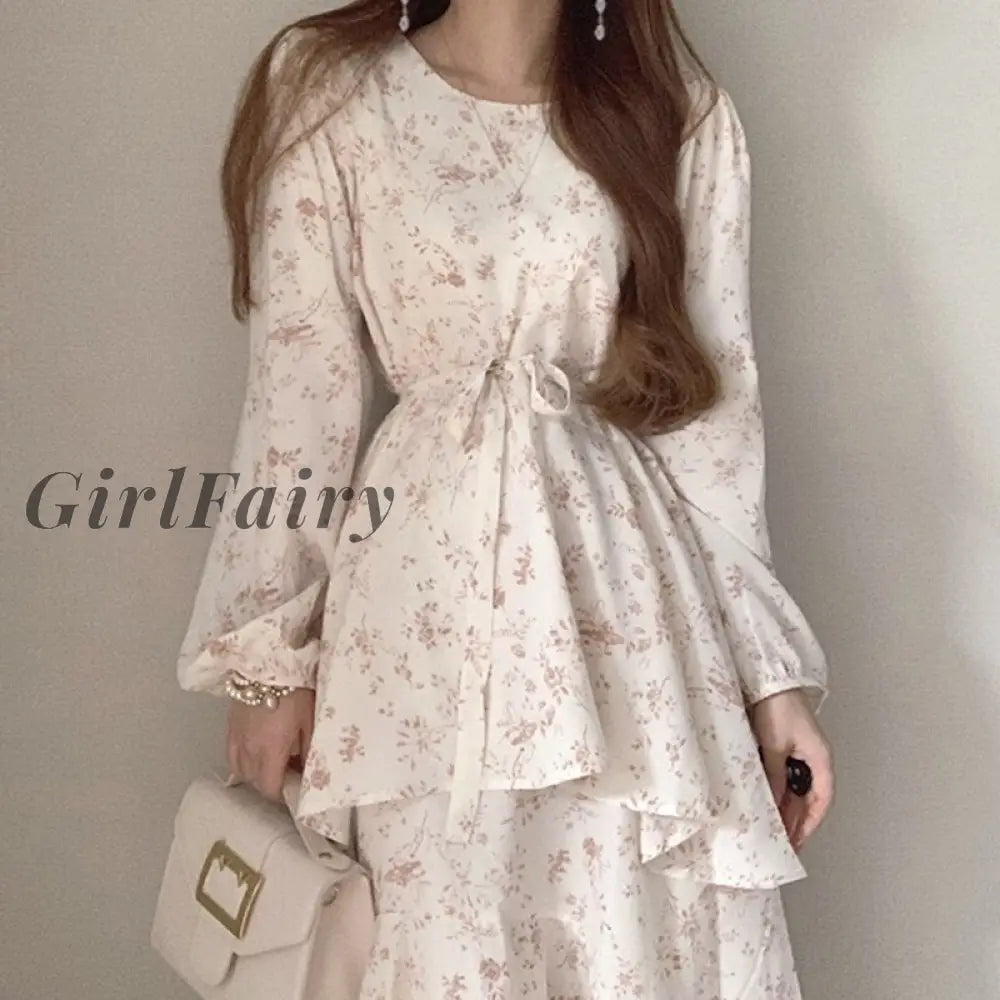 Girlfairy Floral Woman Dress Korean Chic Long Sleeve Clothing Spring Fashion Casual Lolita O-Neck