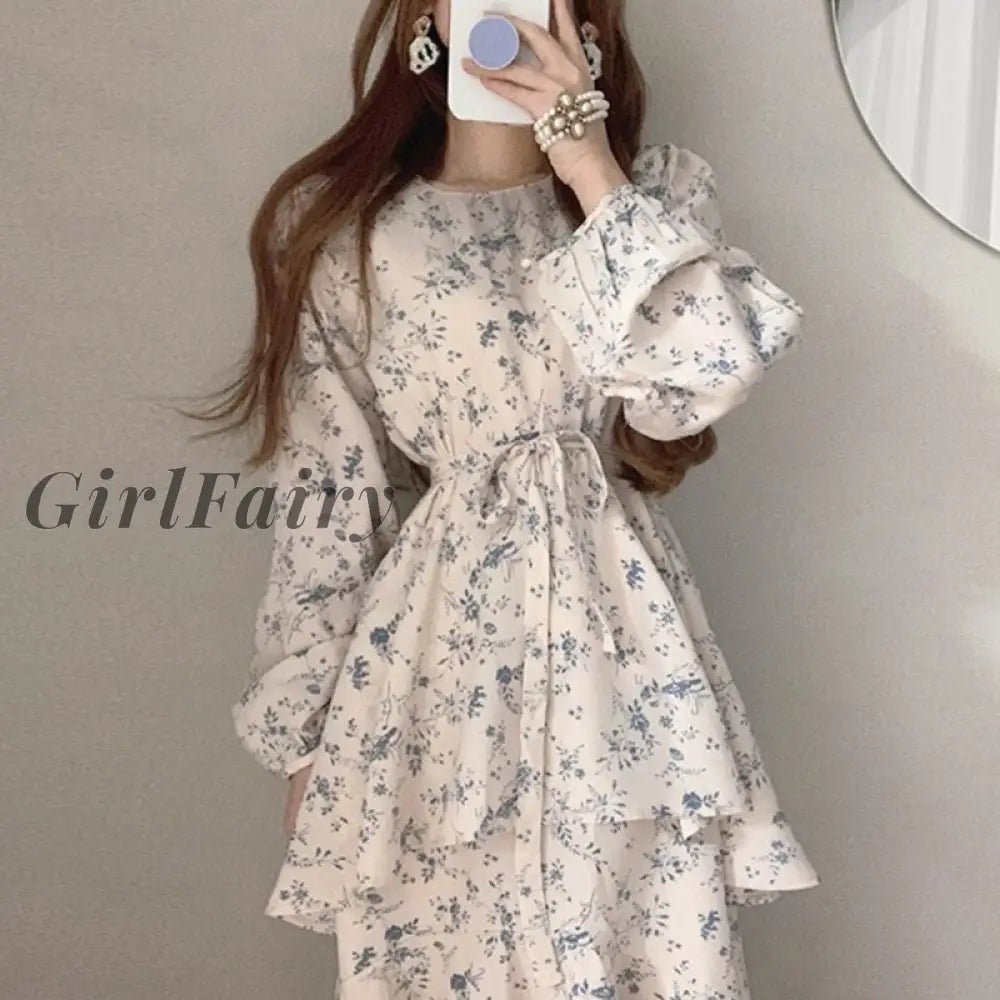 Girlfairy Floral Woman Dress Korean Chic Long Sleeve Clothing Spring Fashion Casual Lolita O-Neck