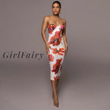 Girlfairy Flower Print Tube Midi Dress Back Slit Party Club Elegant Vintage Y2K Clothes Evening