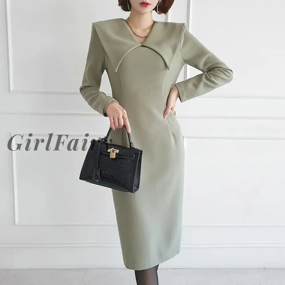 Girlfairy French Vintage Dress Autumn Turn Down Collar Long Sleeves High Waist Simple Pencil