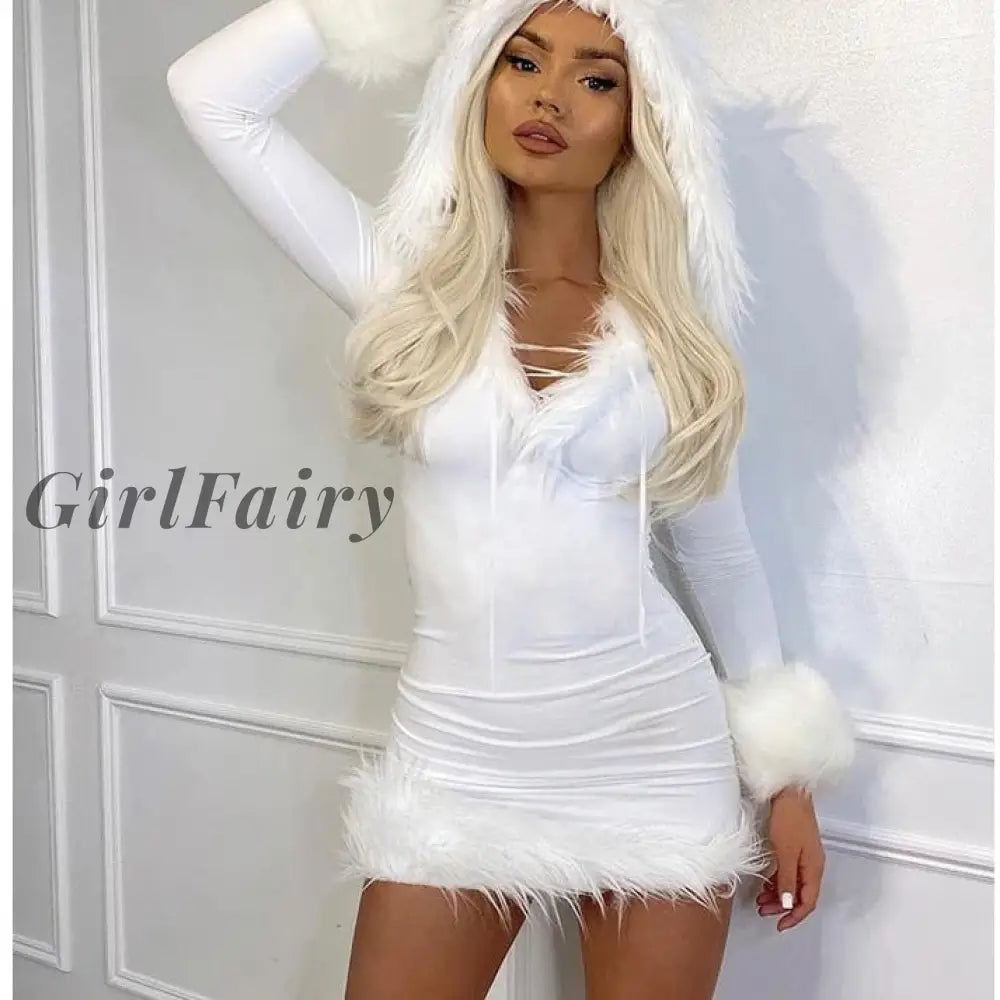 Girlfairy Furry Long Sleeve Hooded Bodycon Mini Dresses Women White V Neck Fuzzy Dress Skinny