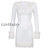 Girlfairy Furry Long Sleeve Hooded Bodycon Mini Dresses Women White V Neck Fuzzy Dress Skinny