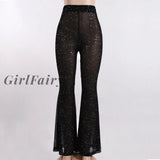 Girlfairy Glitter Black Mesh Flare Pants Streetwear Rave Bottoms See Through Beach Bell Bottom