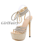 Girlfairy Glitter Rhinestones Ultra High Heels Women Sandals Sexy Narrow Band Ankle Strap Platform