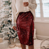 Girlfairy Gold Sequin Shiny Pencil Skirt High Waist Women Fashion Skinny Christmas Split Midi Skirts