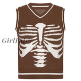Girlfairy Gothic Skull Print Sweaters Fashion Autumn Winter Women Pullover V Neck Knitted Sweater