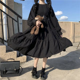 Girlfairy Gothic Style Dress Women Harajuku Lolita Goth Kawaii Punk Cute Long Sleeve Black Midi Emo