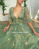 Girlfairy Green Embroidery Lace Midi Prom Dresses Deep V-Neck Half Sleeves Tea-Length Tulle Wedding