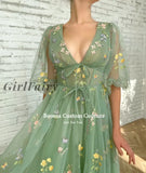Girlfairy Green Embroidery Lace Midi Prom Dresses Deep V-Neck Half Sleeves Tea-Length Tulle Wedding