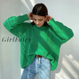 Girlfairy Green Knitted Thickened Loose Sweater for Women Autumn Winter Female O-neck Long Sleeve Casual Pullovers Sweaters Blue