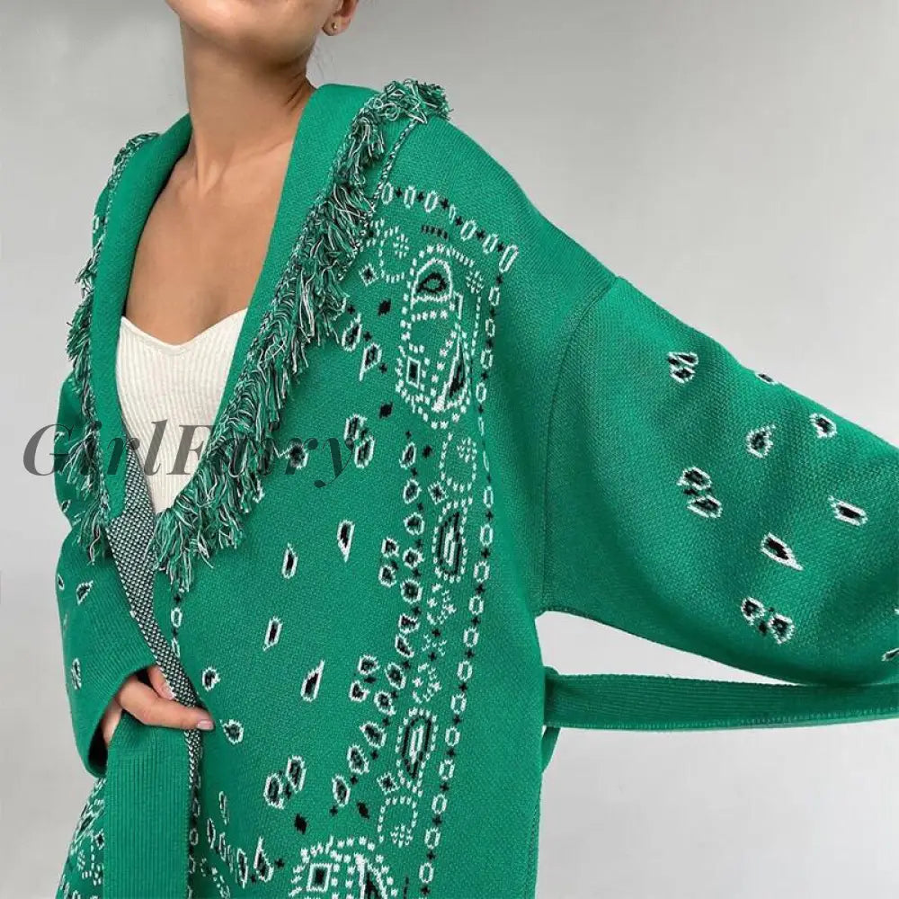 Girlfairy Green Print Long Sleeve Knitted Cardigan Sweater For Women Fall Fashion Belt White Tassel