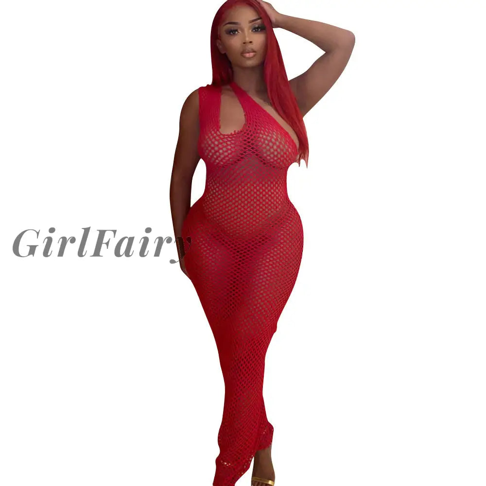 Girlfairy Grid Inclined Shoulder Mini Dress Women Sexy Fishnet See Through New Sleeveless Backless