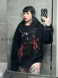 Girlfairy Grunge Gothic Graphic Printed Oversized Zip Up Hoodie Women Streetwear Dark Academia