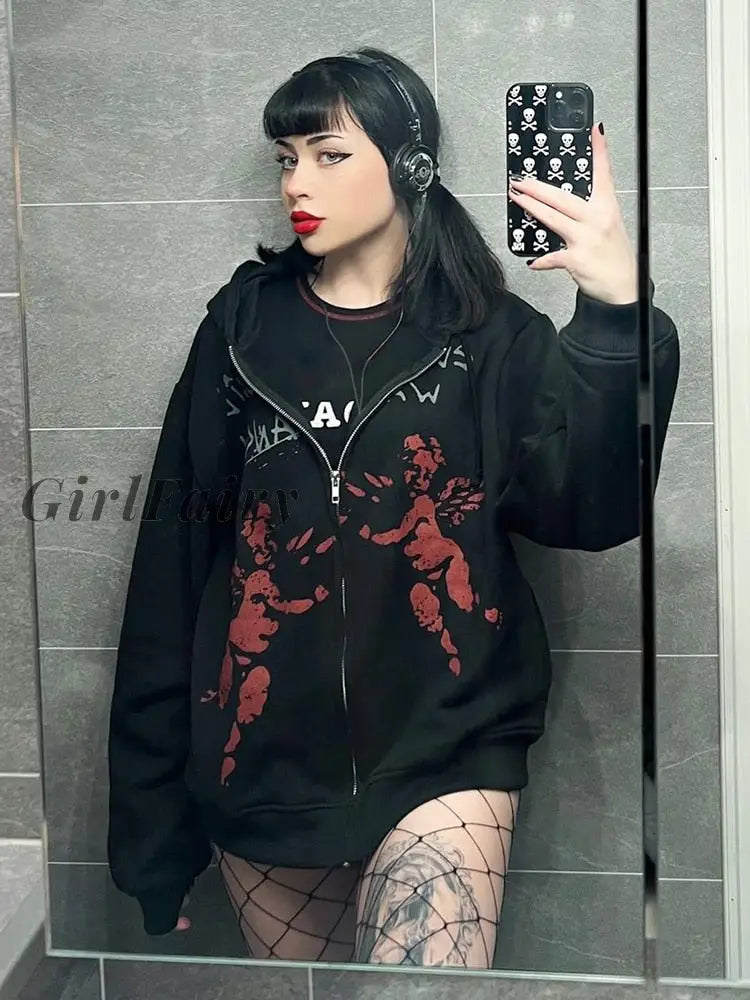 Girlfairy Grunge Gothic Graphic Printed Oversized Zip Up Hoodie Women Streetwear Dark Academia