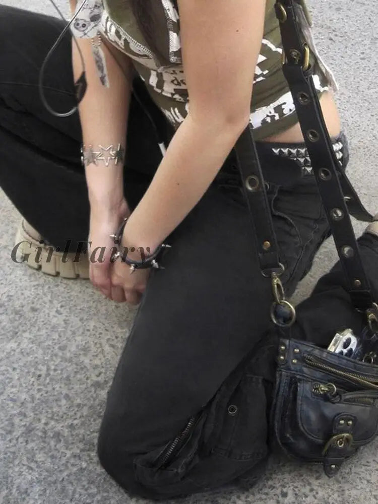 Girlfairy Grunge Gothic Low Waist Cargo Jeans Women Dark Pockets Punk
