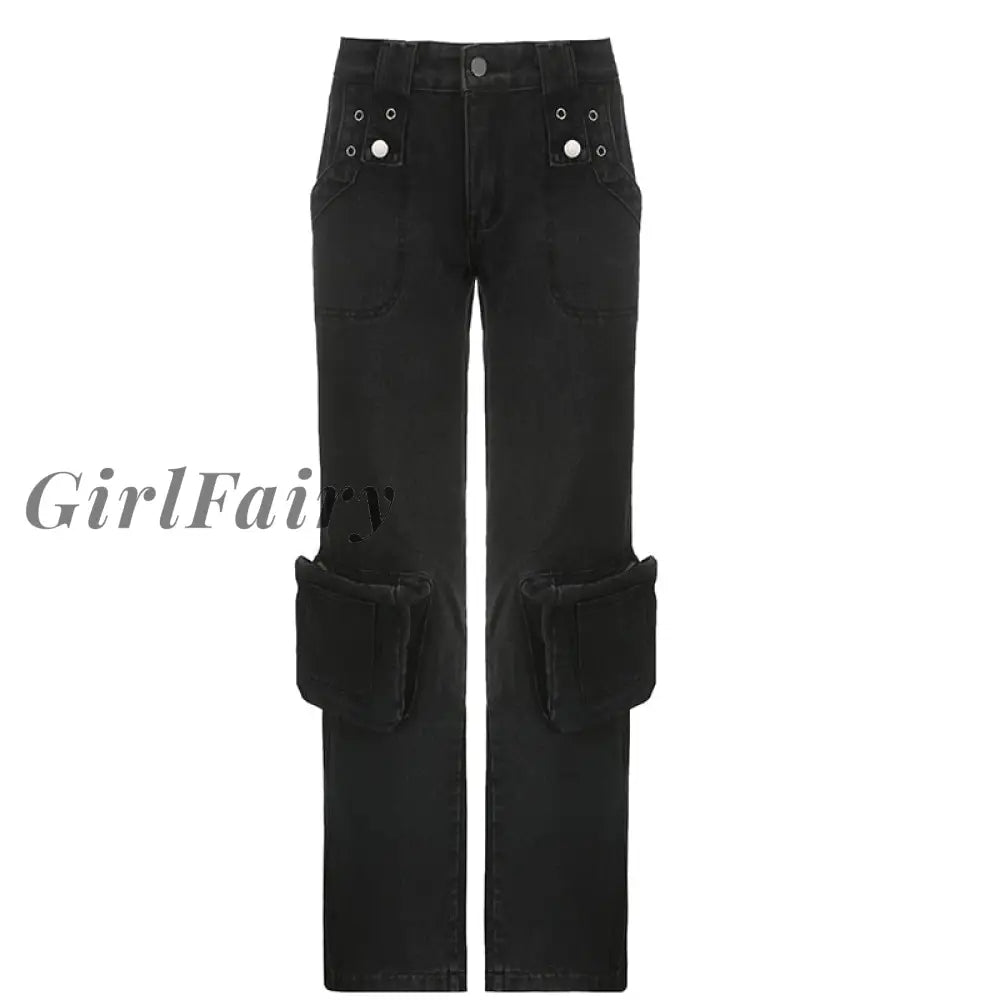 Women Gothic Cargo Pants Wide Leg Baggy Jeans Indie Aesthetic Y2K Low Waist  Pants Denim Harajuku Streetwear Punk