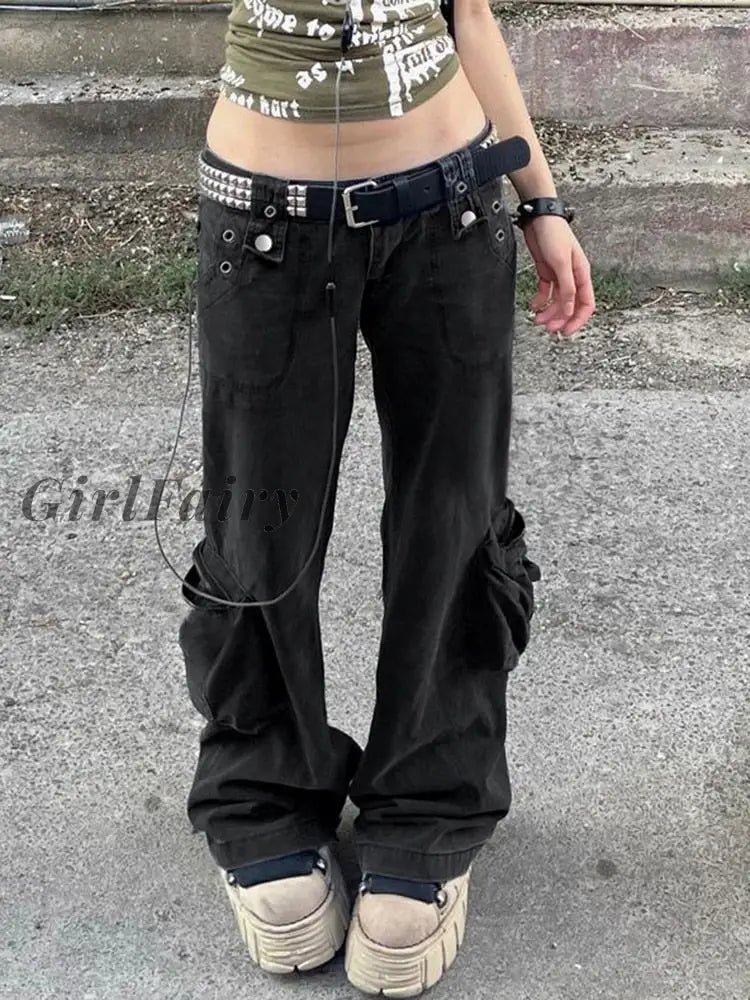 Women Gothic Cargo Jeans Wide Straight Leg Punk Grunge Baggy Pants  Aesthetic Trousers Y2k with Pockets