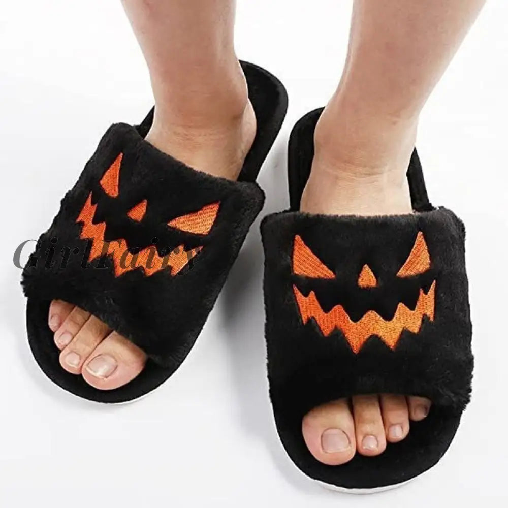 Girlfairy Halloween Pumpkin Lantern Slippers Autumn Soft Furry Comfort Closed Toe Slides Women Size