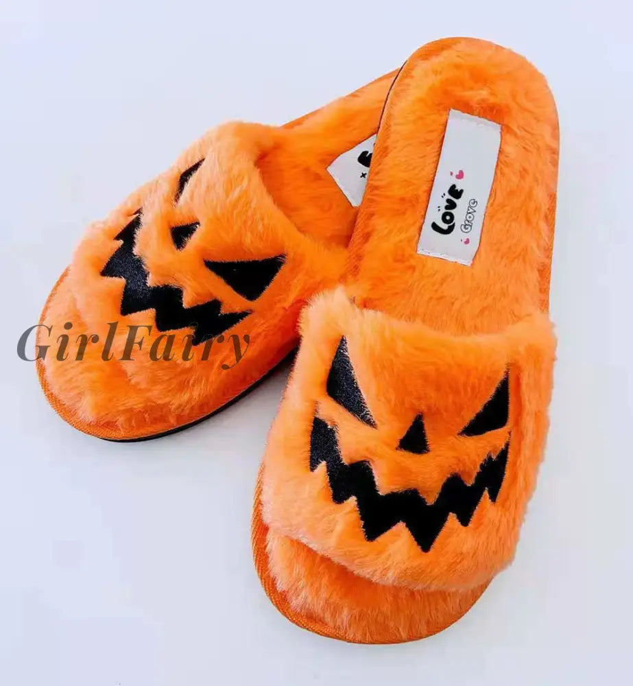 Girlfairy Halloween Pumpkin Lantern Slippers Autumn Soft Furry Comfort Closed Toe Slides Women Size
