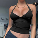 Girlfairy Halter Crop Top Women V-Neck Backless Tank Sleeveless Pink Elastics Skinny Clubwear Summer