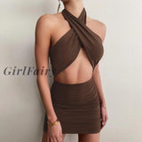 Girlfairy Halter Sexy Backless Mini Dress Women Bandage Solid Summer Cut Out Ruched Drawstring Night