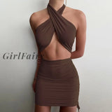 Girlfairy Halter Sexy Backless Mini Dress Women Bandage Solid Summer Cut Out Ruched Drawstring Night
