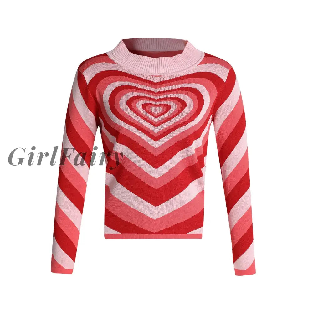 Girlfairy Heart Striped Women Pullovers Knitted Y2K Aesthetic Knitwear Vintage Streetwear Pink Fall