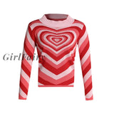 Girlfairy Heart Striped Women Pullovers Knitted Y2K Aesthetic Knitwear Vintage Streetwear Pink Fall