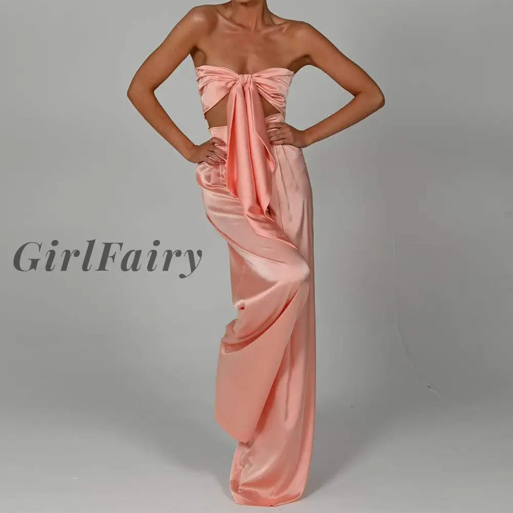 Girlfairy High Quality 2 Pieces Set Women New Summer Sexy Crop Top And Pants Long Satin Female