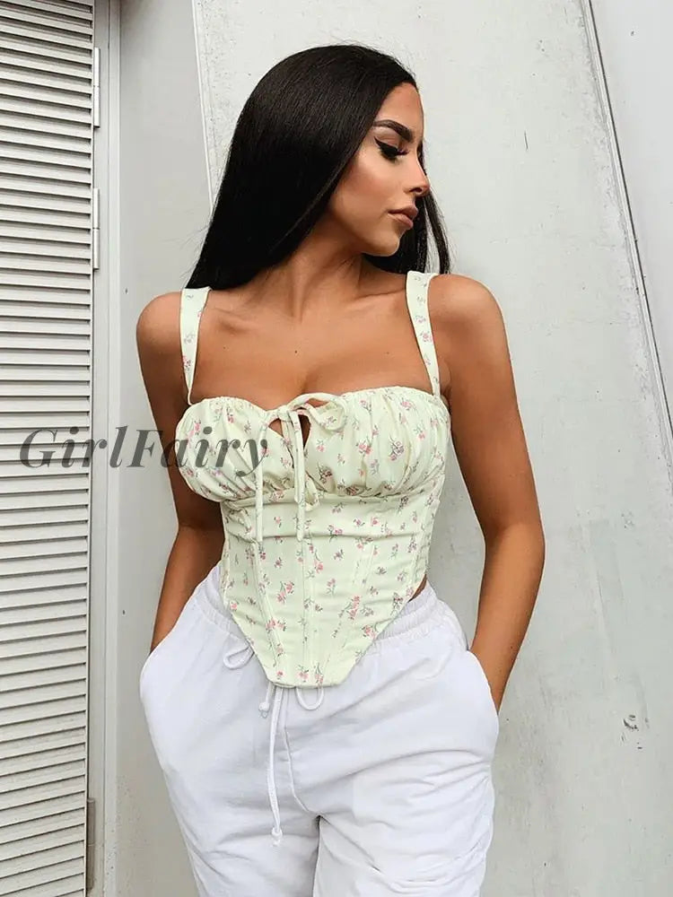 Girlfairy High Quality Crop Top Y2K Women New Arrivals Yellow Floral Sexy Bodycon Double Layer