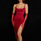 Girlfairy High Quality Rose Satin Bodycon Dress Women Midi 2023 Black Elegant Spaghetti Strap Sexy