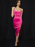 Girlfairy High Quality Rose Satin Bodycon Dress Women Midi 2023 Black Elegant Spaghetti Strap Sexy