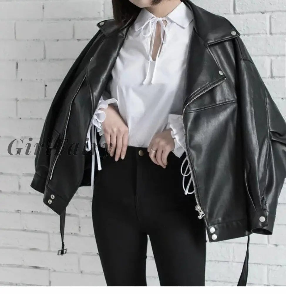 Girlfairy High Quality Spring Black Pu Leather Loose Turn-Down Collar Zipper Fashion New Womens Wild