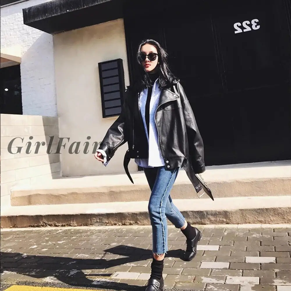 Girlfairy High Quality Spring Black Pu Leather Loose Turn-Down Collar Zipper Fashion New Womens Wild