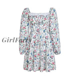 Girlfairy High Quality Summer Floral Print Dress Women Lantern Ruched Long Sleeve Tie Up Mini