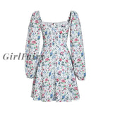 Girlfairy High Quality Summer Floral Print Dress Women Lantern Ruched Long Sleeve Tie Up Mini