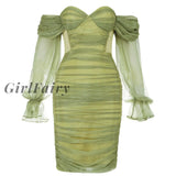 Girlfairy High Quality Summer New Style Sexy One-Shoulder Mesh Stitching Dress Solid Color Folds