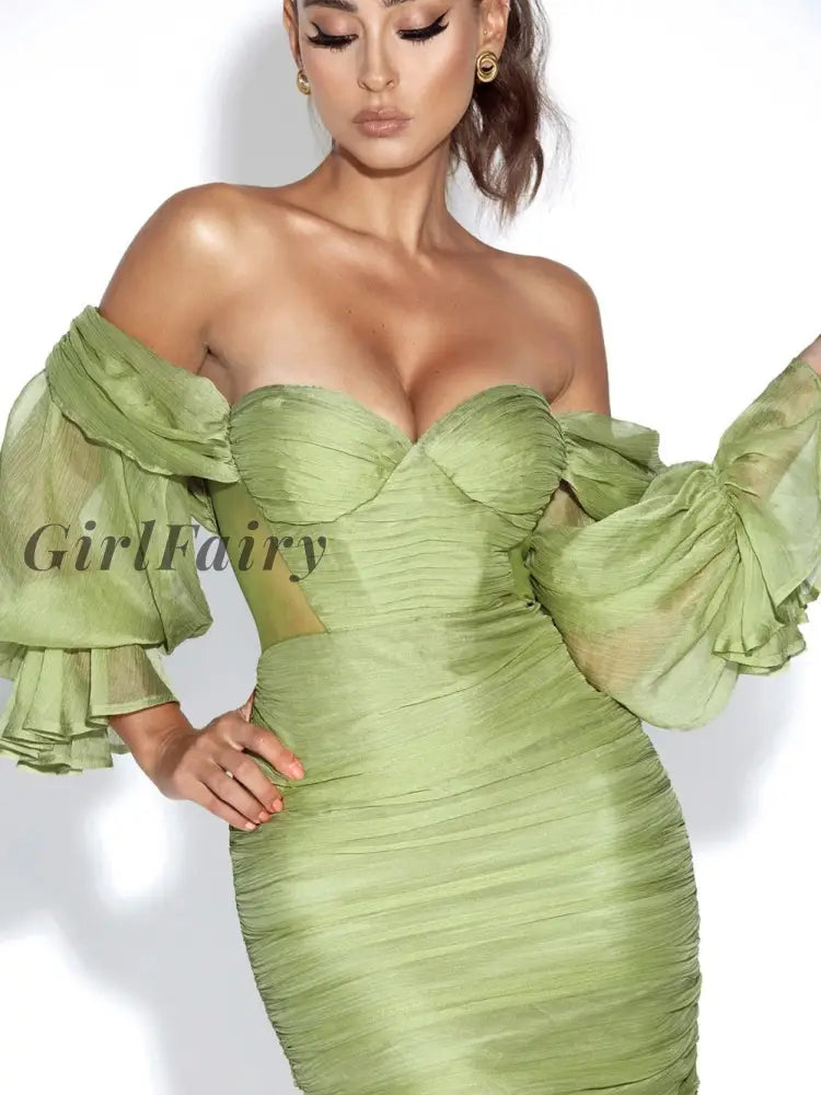 Girlfairy High Quality Summer New Style Sexy One-Shoulder Mesh Stitching Dress Solid Color Folds
