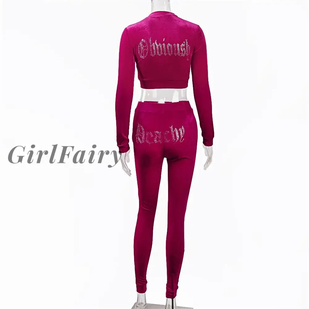 Girlfairy High Quality Winter Velvet Crop Jacket And Tracksuit Joggers Two Piece Set With Diamante