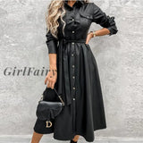 Girlfairy High Street Pu Leather Dress For Women Autumn Winter Turn Down Collar Single Breasted