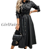 Girlfairy High Street Pu Leather Dress For Women Autumn Winter Turn Down Collar Single Breasted