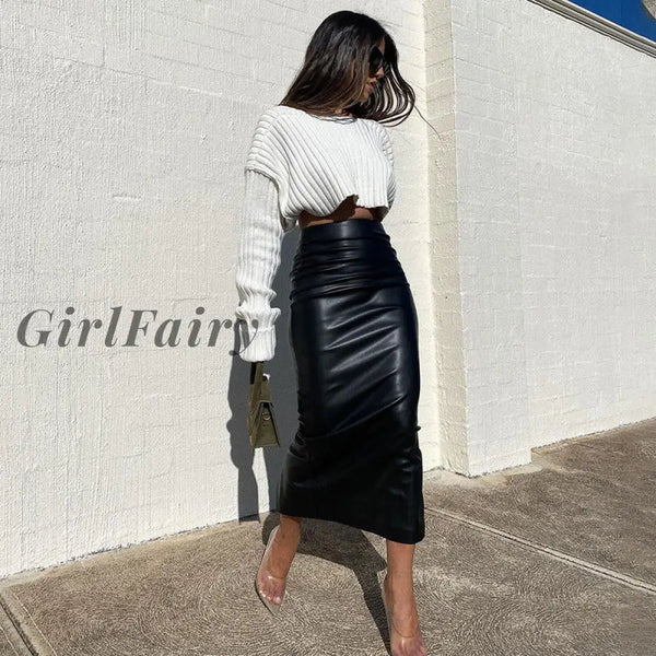 Girlfairy High Waist Black Bodycon Skirts Women Midi PU Leather White