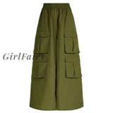 Girlfairy High Waist Drawstring Multi-Pocket Tooling Skirt Summer Sexy Slit Hot Girl Y2K Long