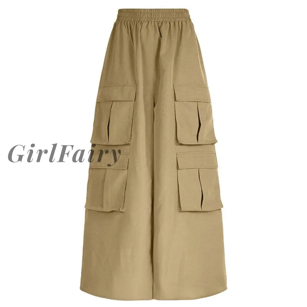 Girlfairy High Waist Drawstring Multi-Pocket Tooling Skirt Summer Sexy Slit Hot Girl Y2K Long