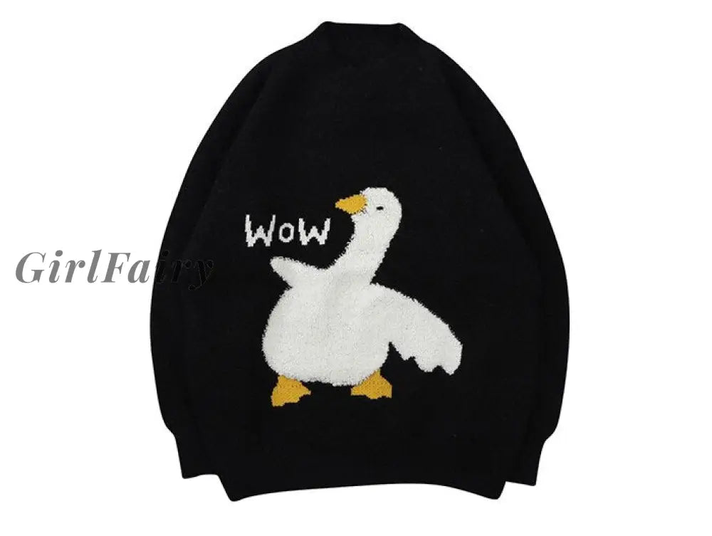 Girlfairy Hip Hop Harajuku Knitted Sweater Men Cartoon Goose Pattern Oversize Streetwear Loose