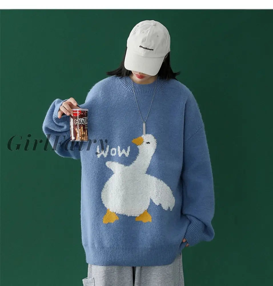Girlfairy Hip Hop Harajuku Knitted Sweater Men Cartoon Goose Pattern Oversize Streetwear Loose