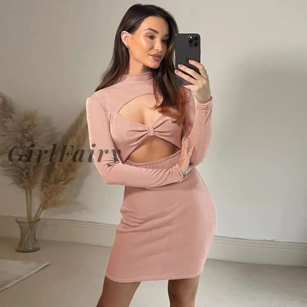 Girlfairy Hollow Out Mini Dress For Women Sexy Fashion Elegant Knoted Dresses Long Sleeve Bodycon