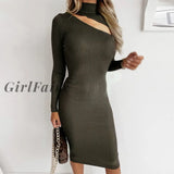 Girlfairy Hollow Out Women Knitted Dress Autumn Turtleneck Long Sleeve Slim Casual Bodycon Winter